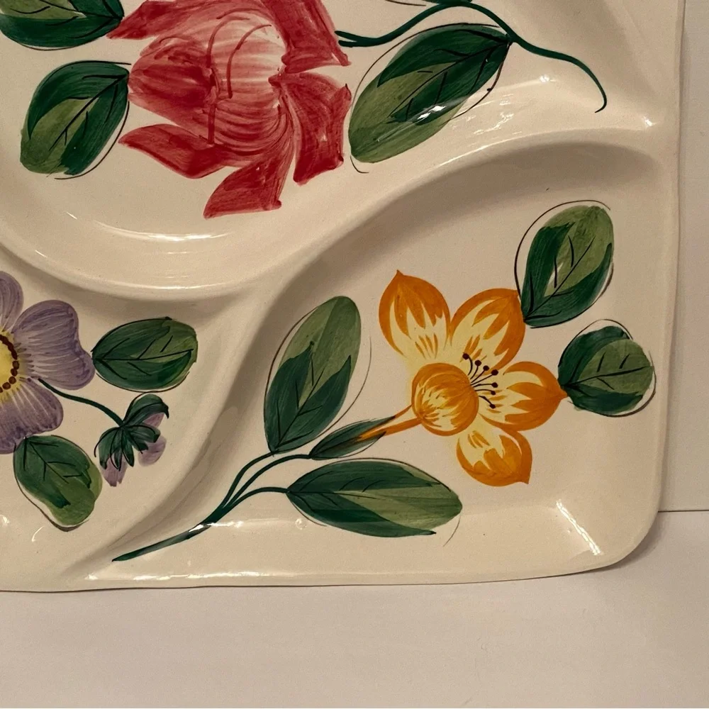 ITALY TRAY PARTY PLATTER VINTAGE HAND PAINTED CERAMIC WHITE FLORAL RECTANGLE